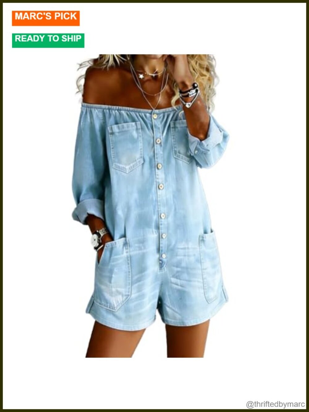 Women's Vintage Denim Short Jumpsuit Long Sleeve Off Shoulder Button Down Loose